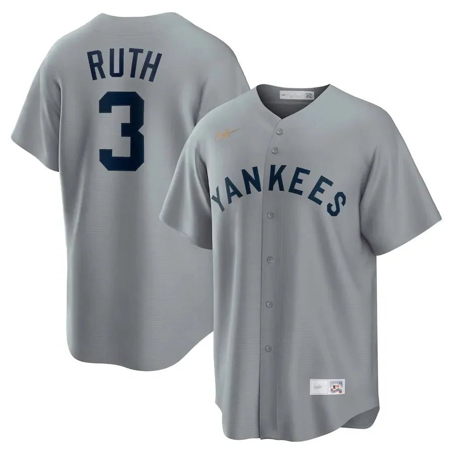 Jersey MLB New York Yankees Away Cooperstown Collection Torcedor Masculina Cinza Babe Ruth 3